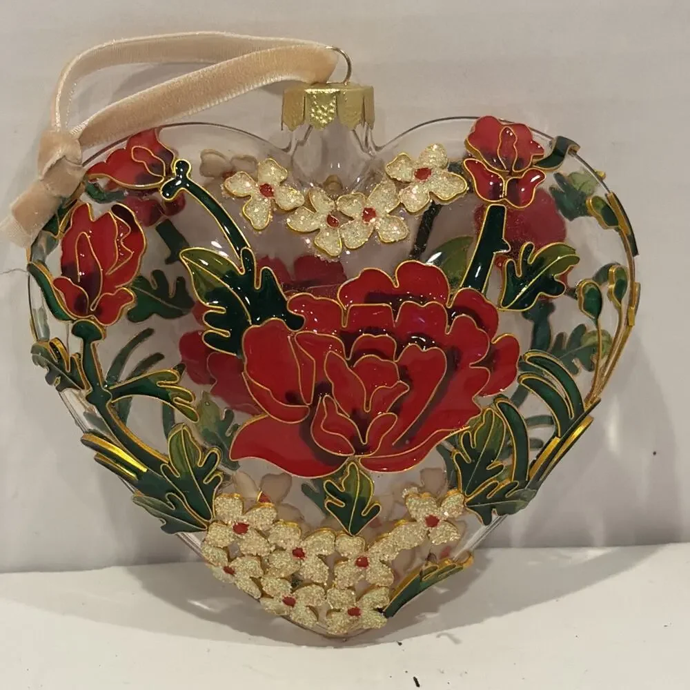 2019 PIER 1 CLOISONNÉ CHRISTMAS Glass Floral HEART HANGING ORNAMENT 4
